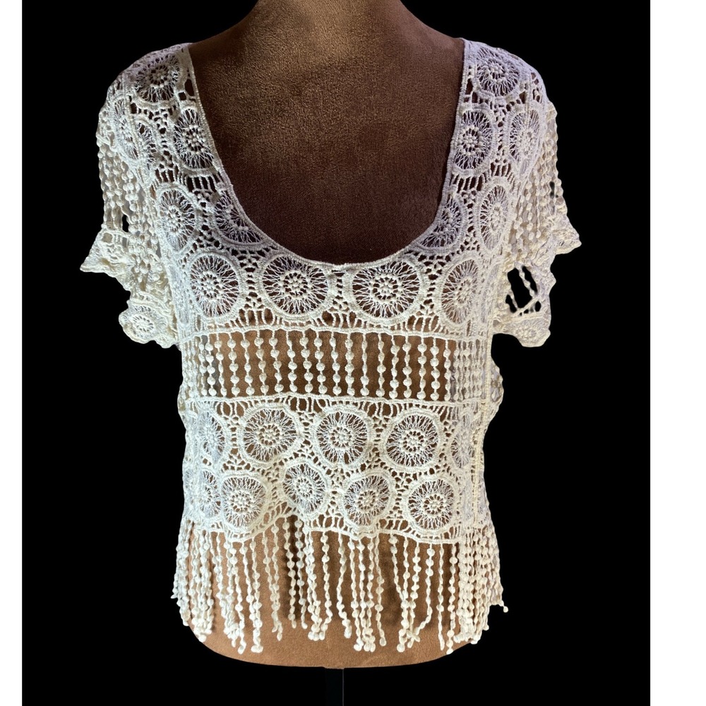 Ooh La La Crochet Lace Fringe Top Ivory Cream Boho Festival Medallion Large